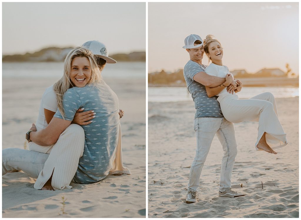 a couple hugging posing on the beach 
