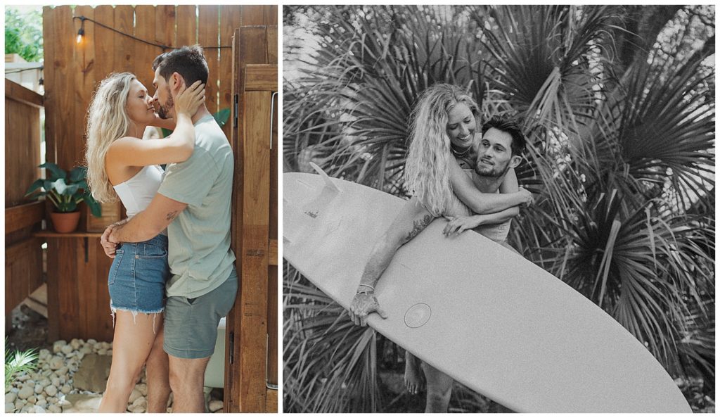 a couple posing with a surfboard with her on his back in florida