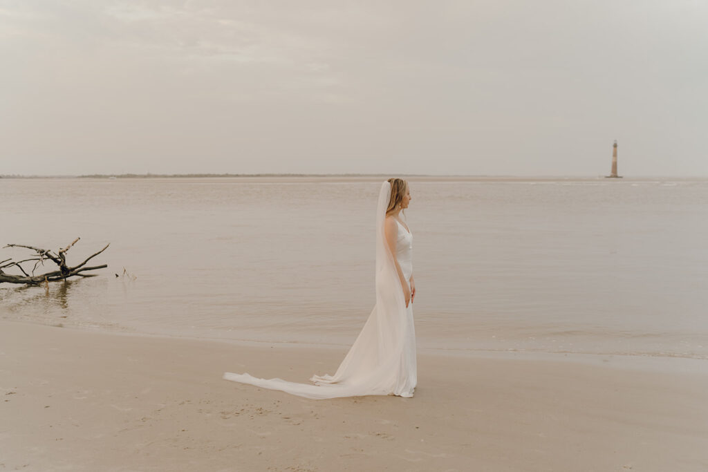 Bride by the ocean at Beach elopement at Folly Beach