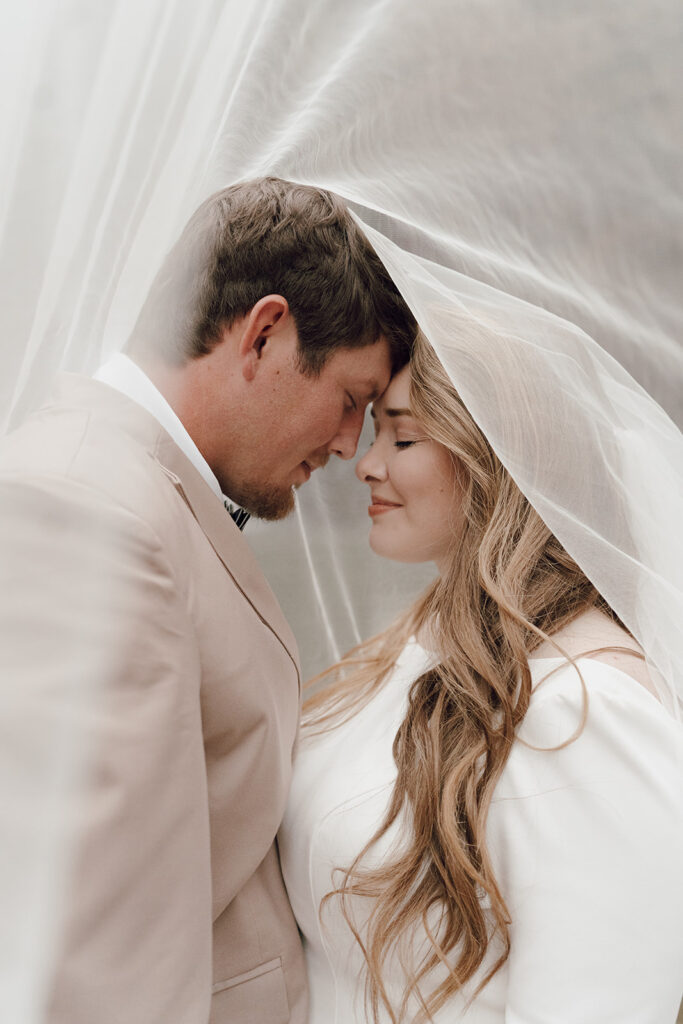 bride and groom under wedding veil