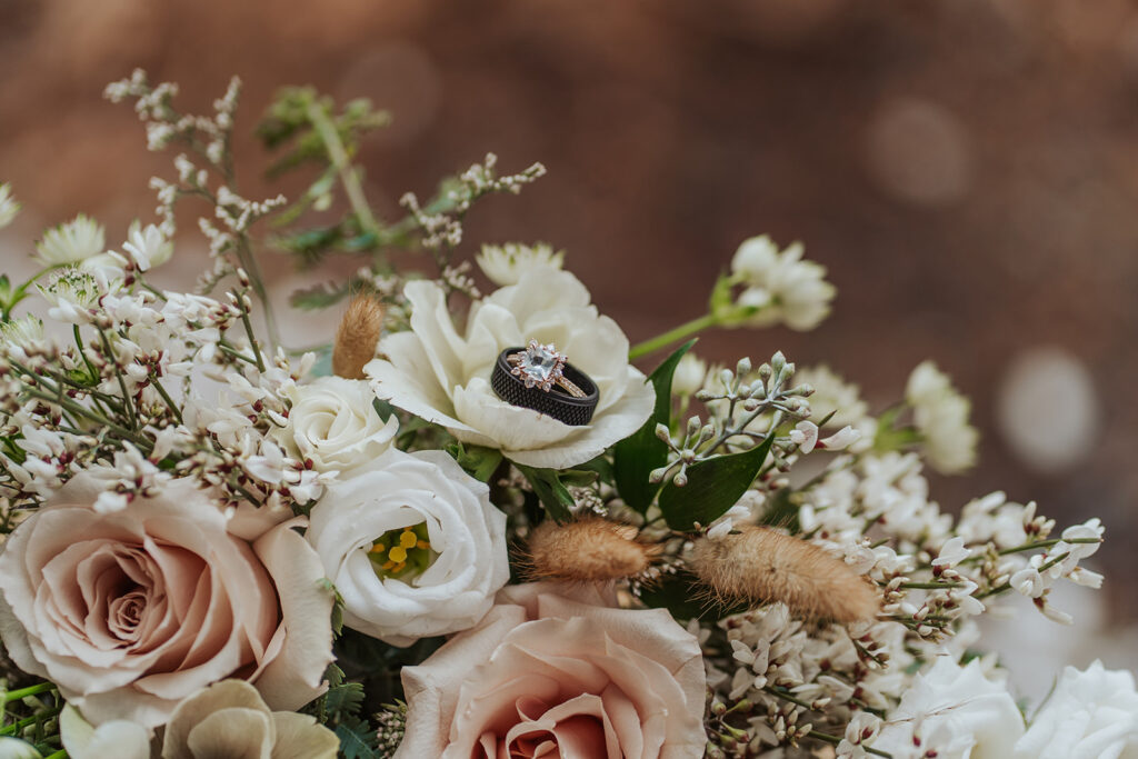 destination elopement bouquet of flowers with ring
