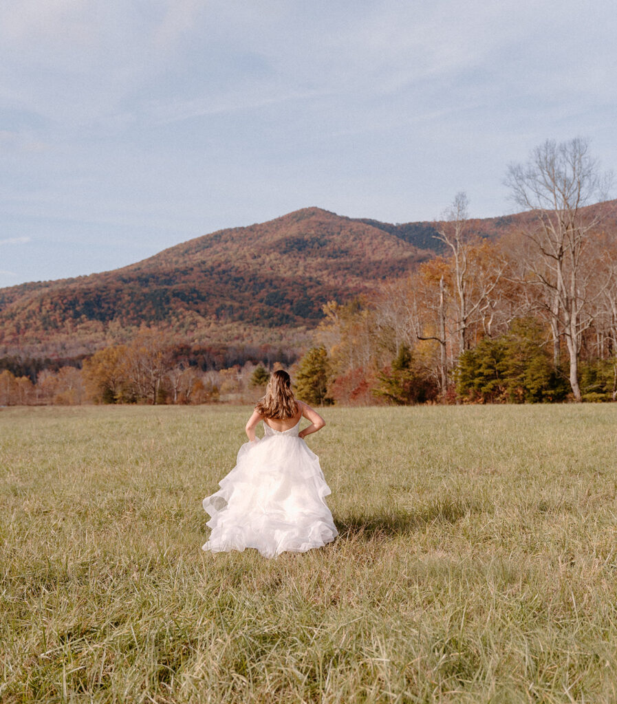 bride running in the mountains
