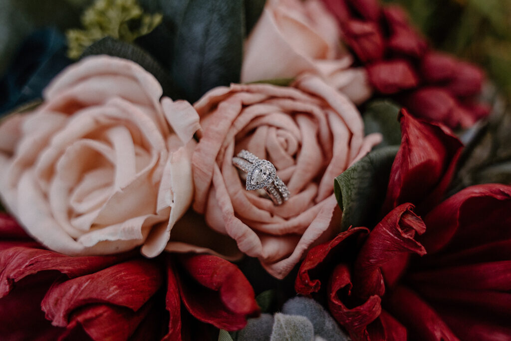 elopement wedding ring and bouquet
