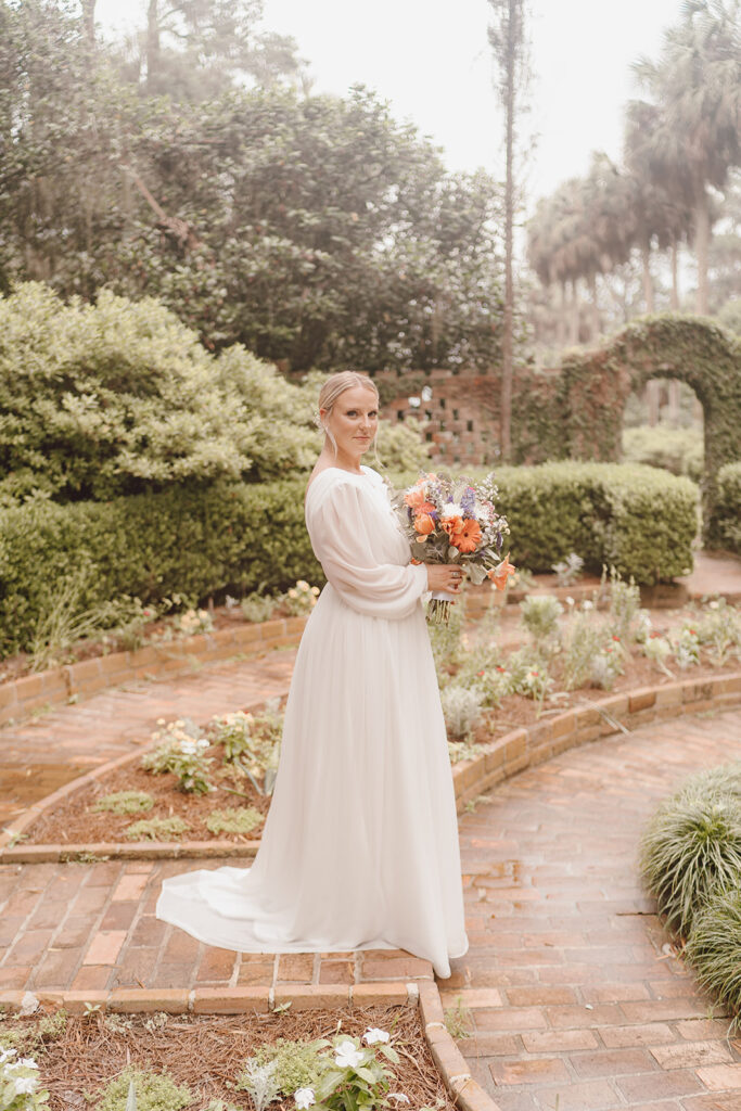 wedding dress and wedding bouquet portraits outdoors in Tallahassee 
