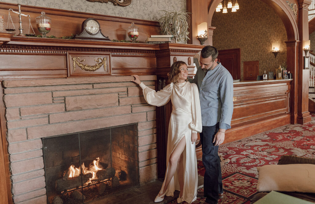 couple walking around the stanley hotel before wedding ceremony