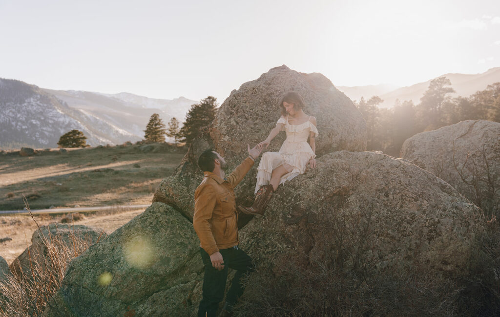 bride and groom portraits in the mountains during golden hour