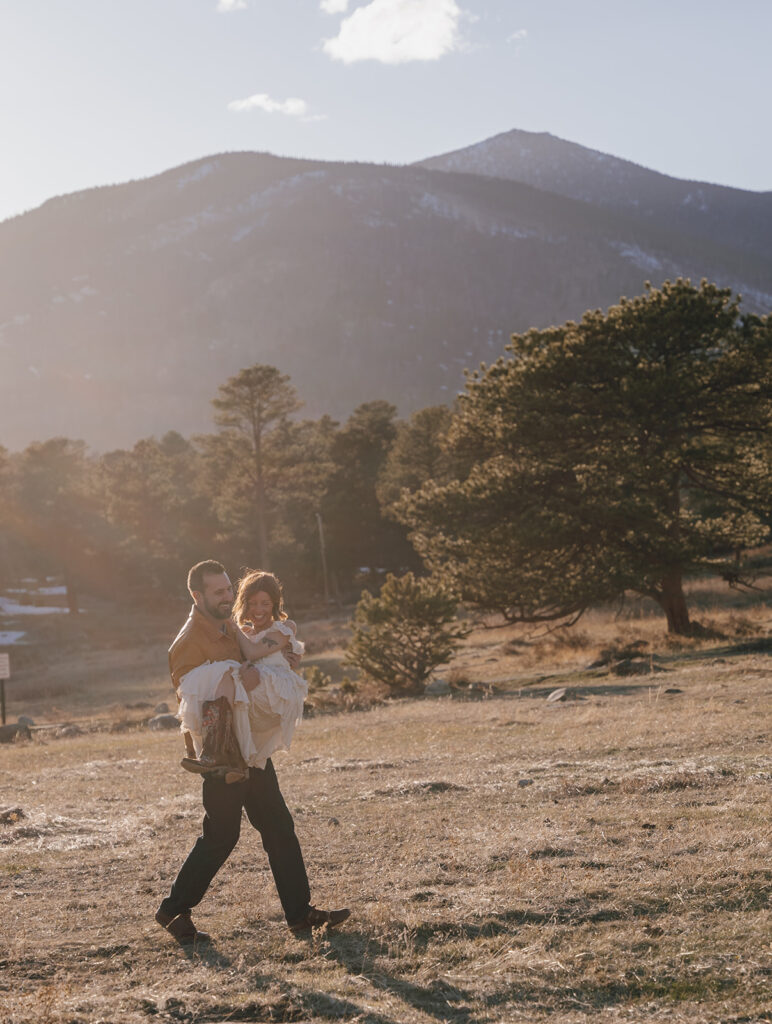 bride and groom portraits in the mountains during golden hour