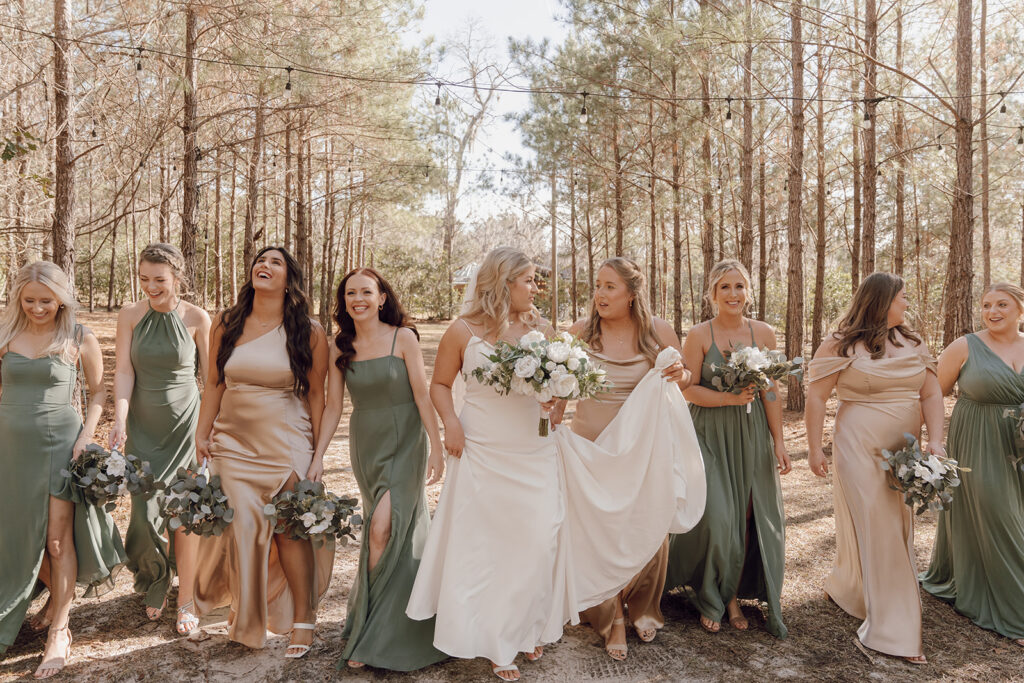 bride walking with bridesmaids after ceremony