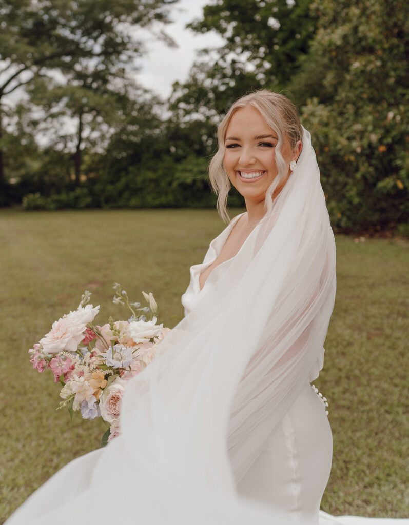 spring wedding bridal portraits wedding dress and veil