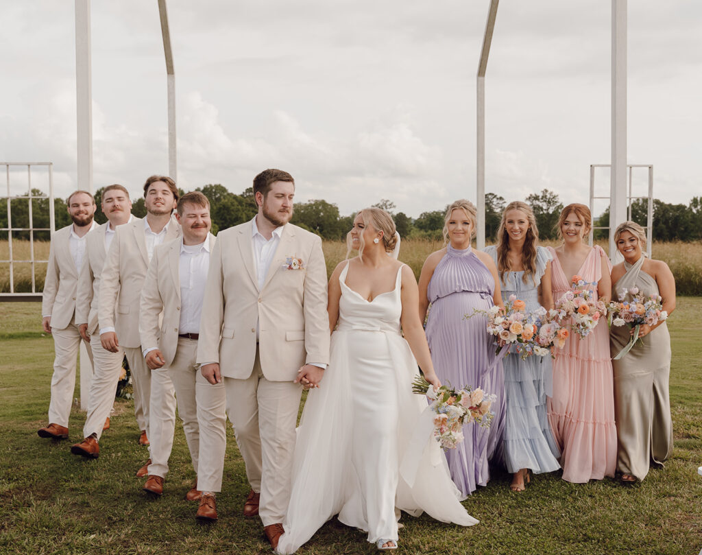 spring bridal party photos pastel dresses