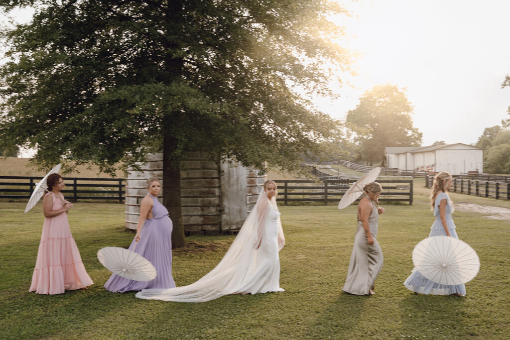 spring bridesmaid dresses pastel with umbrellas