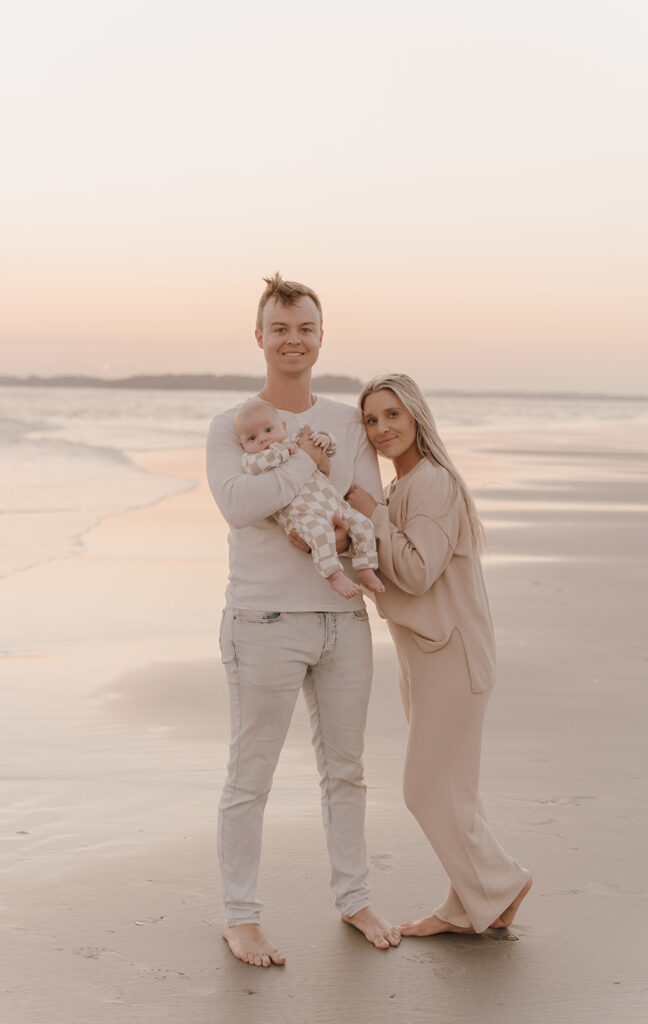 candid sunset beach newborn photos in South Carolina