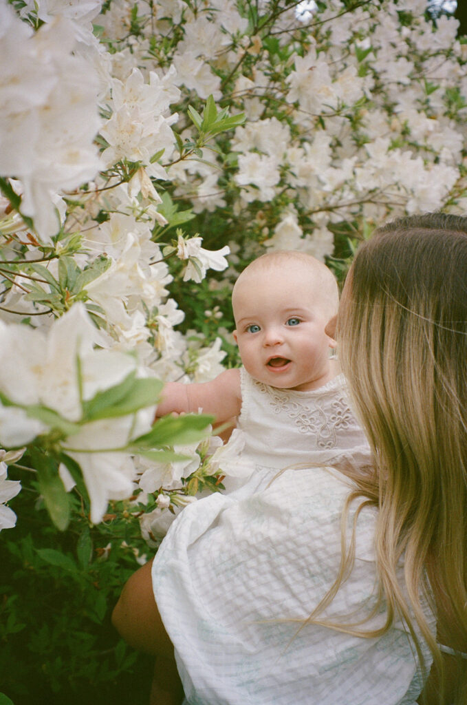 baby photos in the garden with mom