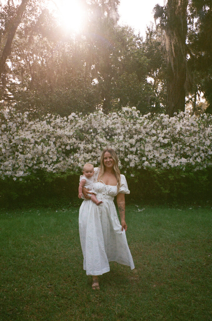 baby photos in the garden with mom