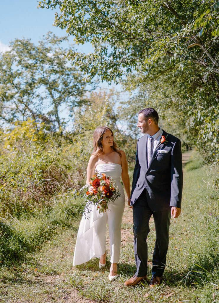 golden hour wedding portraits of the bride and groom