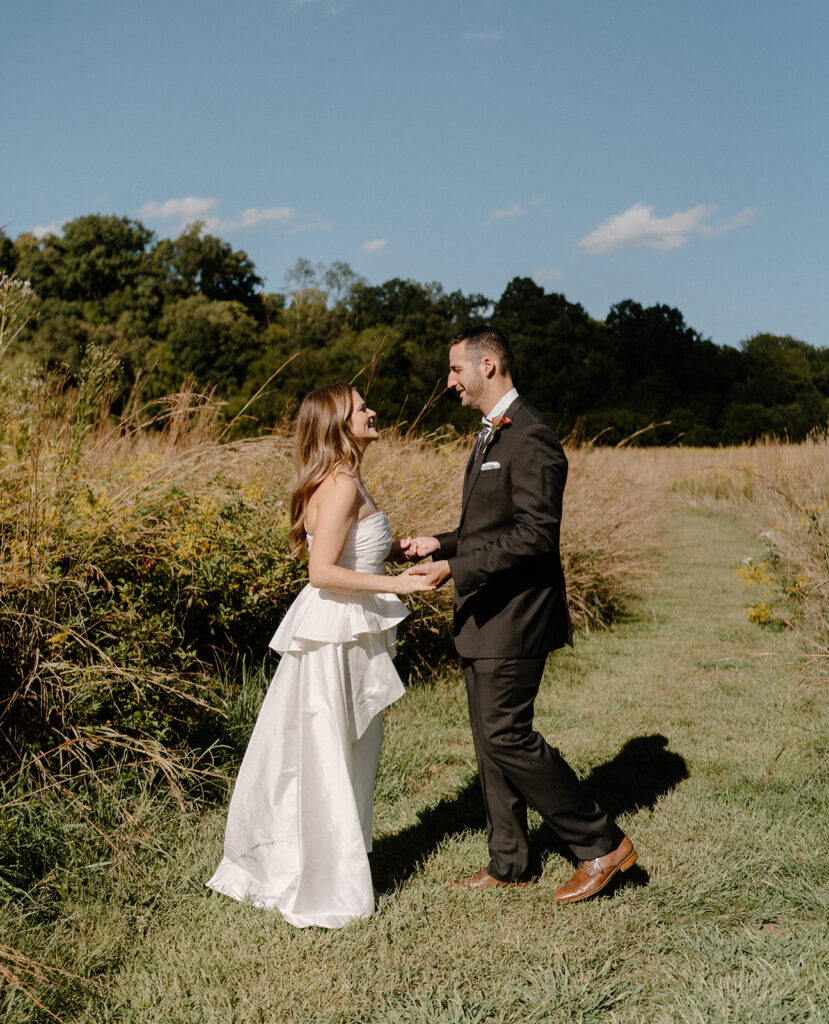 golden hour wedding portraits of the bride and groom