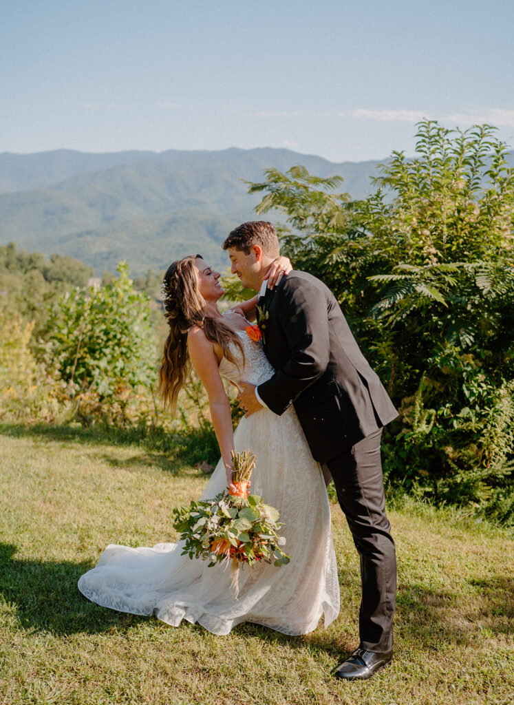 romantic bride and groom wedding photos in the mountains