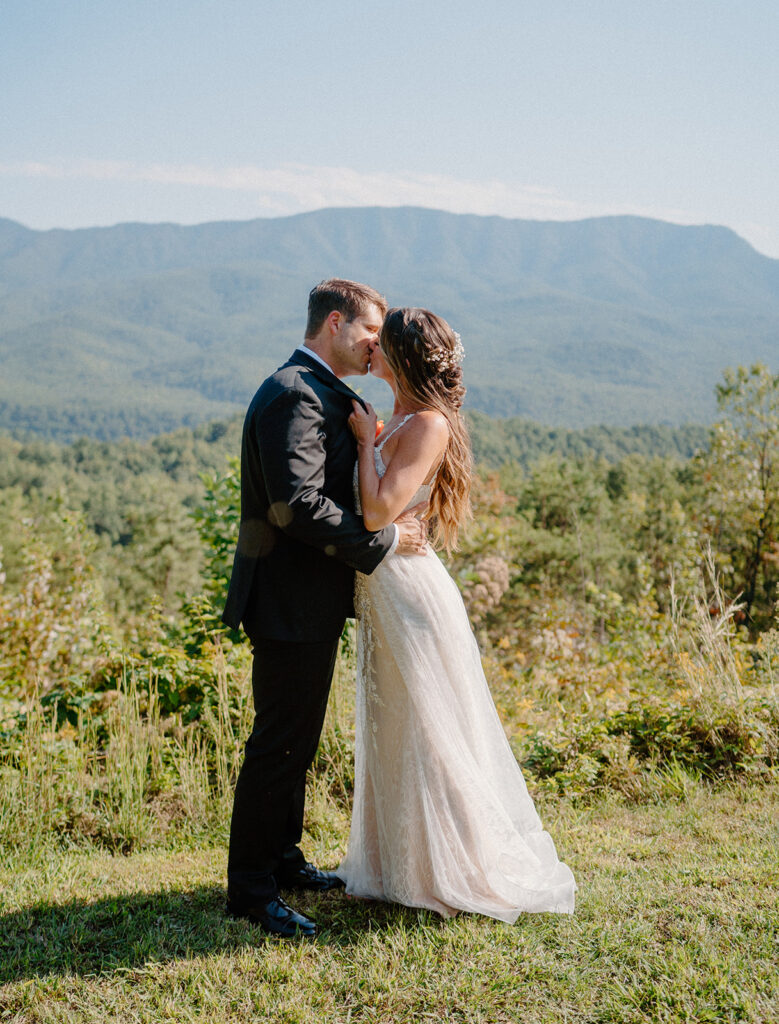 romantic bride and groom wedding photos in the mountains