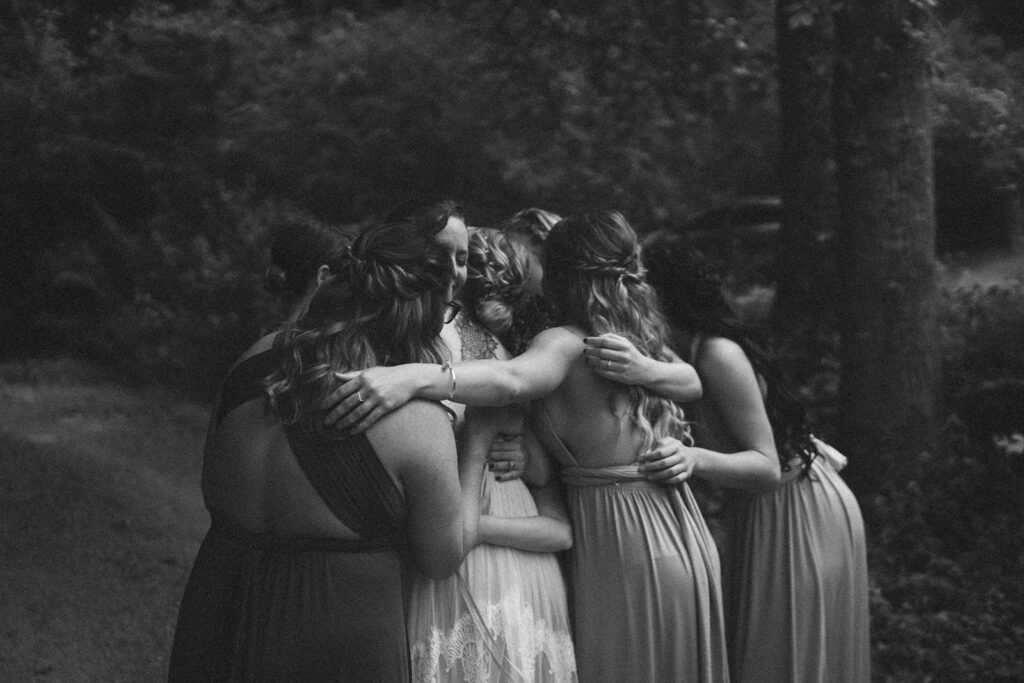 first look with bridesmaids fall rustic colors