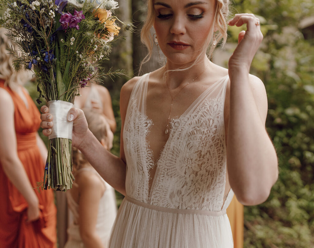 first look with bridesmaids fall rustic colors