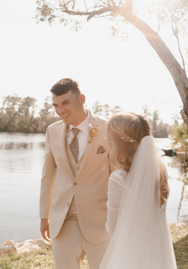 golden hour wedding photos with the bride and groom
