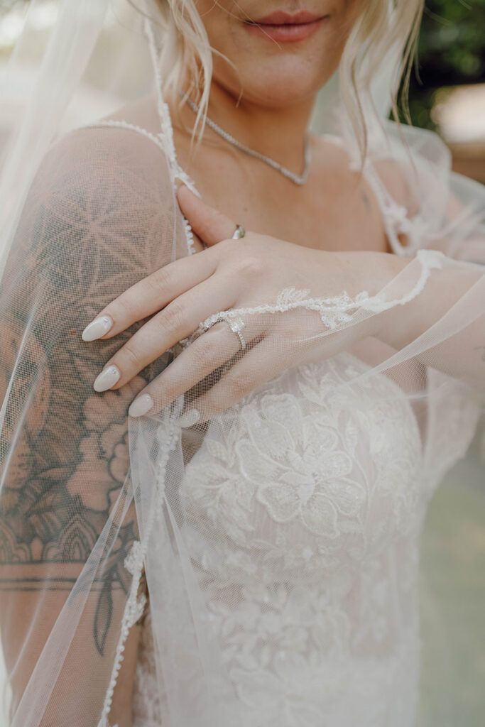 romantic wedding details of bride and her bridesmaids