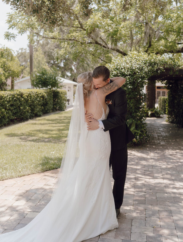 first look wedding photos with bride and groom