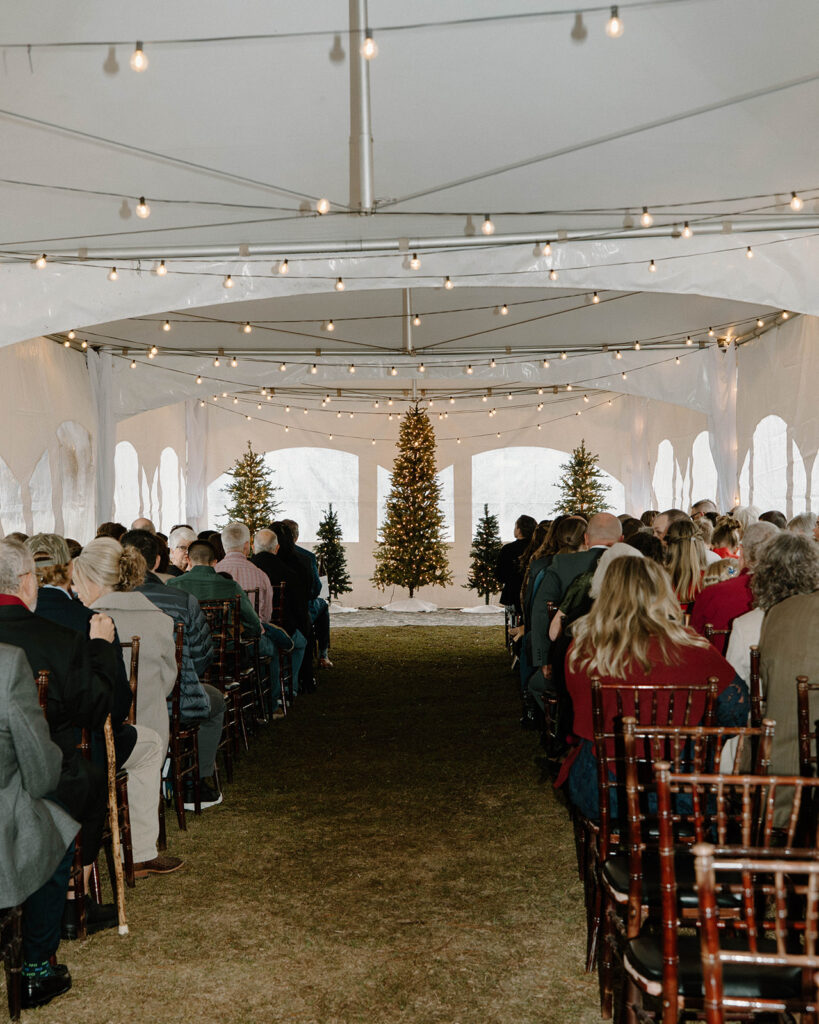 cozy winter wedding ceremony with twinkling lights and Christmas trees