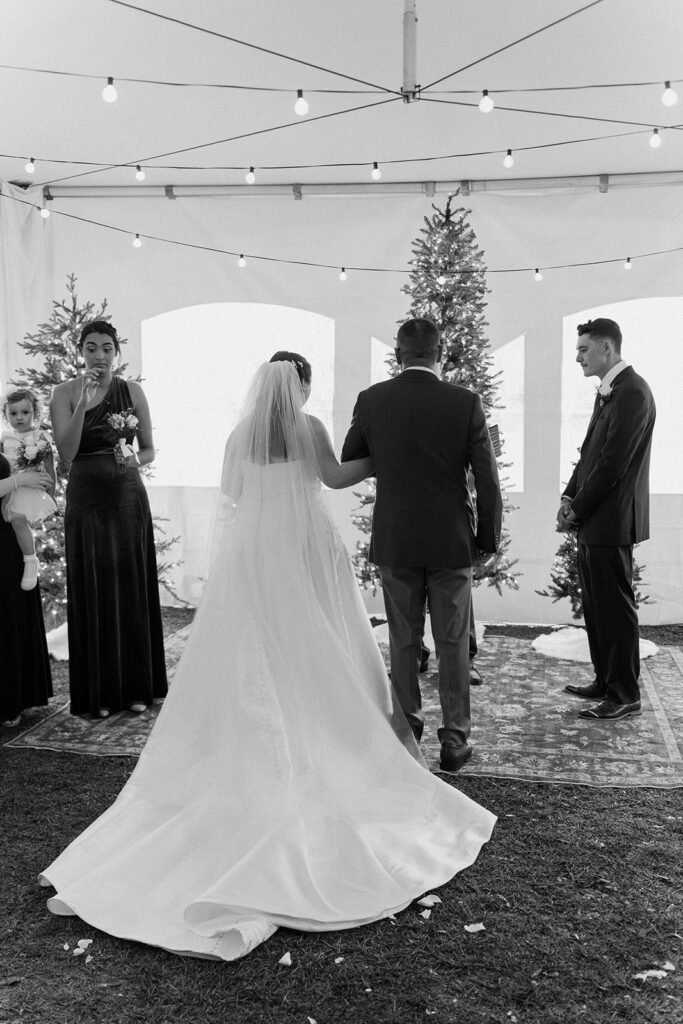 cozy winter wedding ceremony with twinkling lights and Christmas trees