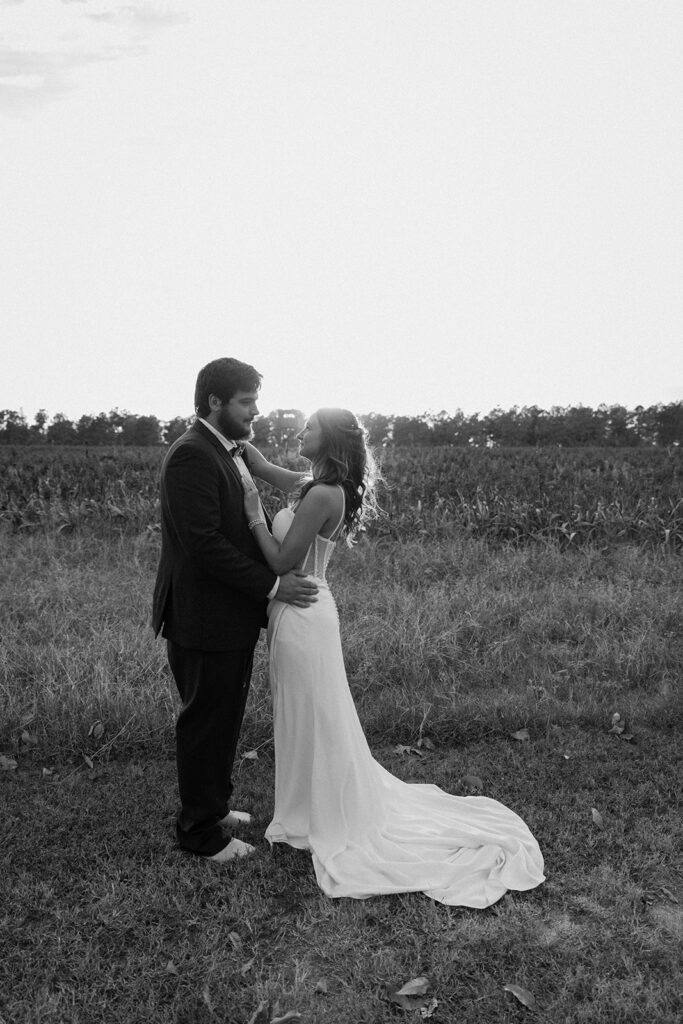 romantic sunset portraits of the bride and groom golden hour wedding photos