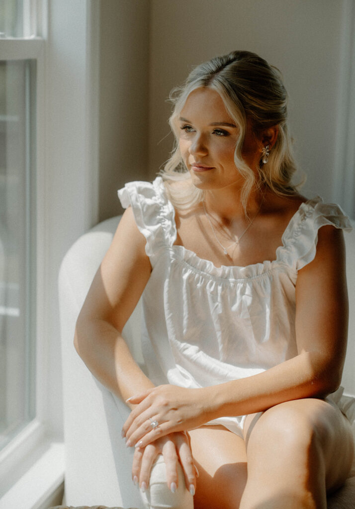 Bride looking off into the distance.