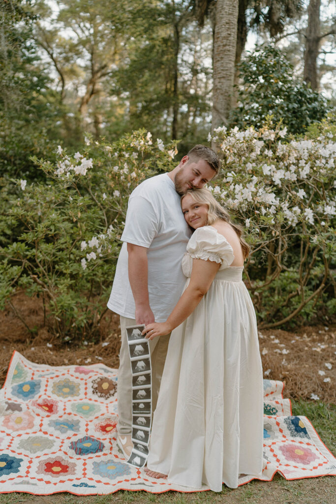 A woman resting her head on her husband for Alfred B Maclay Gardens State Park photos.