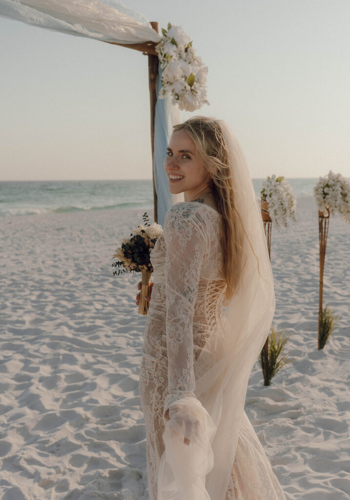 Bride looking over her shoulder.